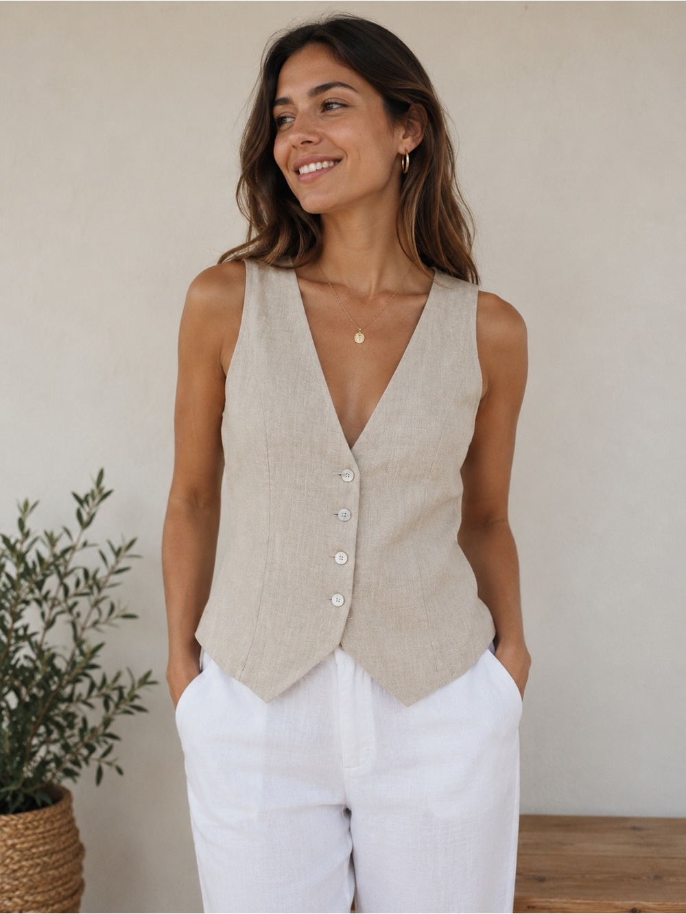 Amazhiyu 100% Linen Button Front Vest | Size Small | Beige Minimalist